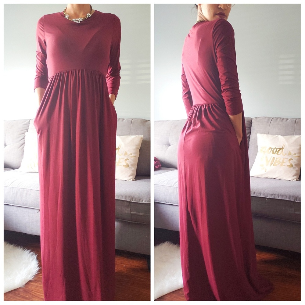 Wine Pocketed Maxi Dress Long Sleeve